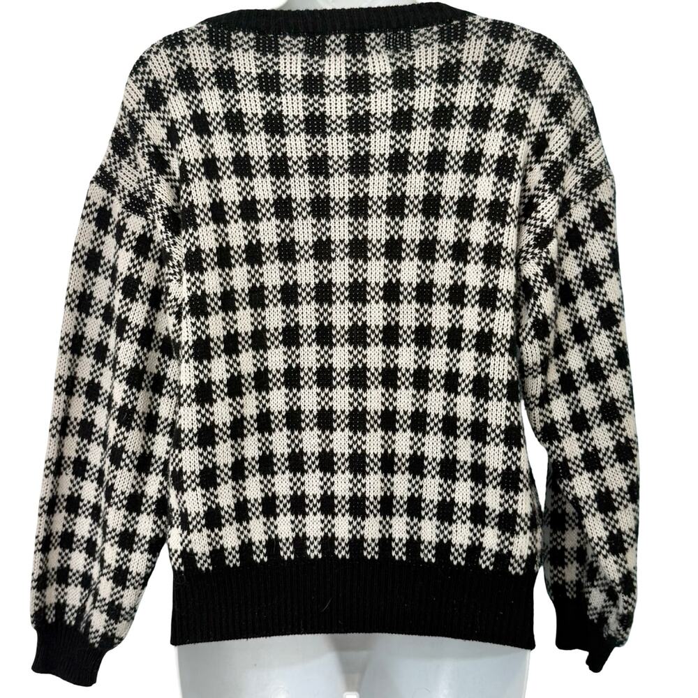 Vintage Black White Check Wide Stitch Rainbow Detail Crew Neck Sweater size S - Picture 6 of 11